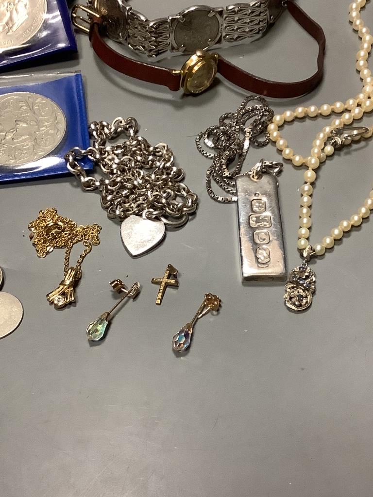 A two-row pearl necklace with 18ct gold gem-set floral clasp, a silver ingot pendant on chain, coin-set silver bracelet and sundries